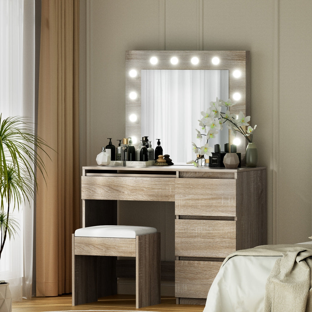 Artiss Dressing Table Set Stool 12 Led Bulbs Wood