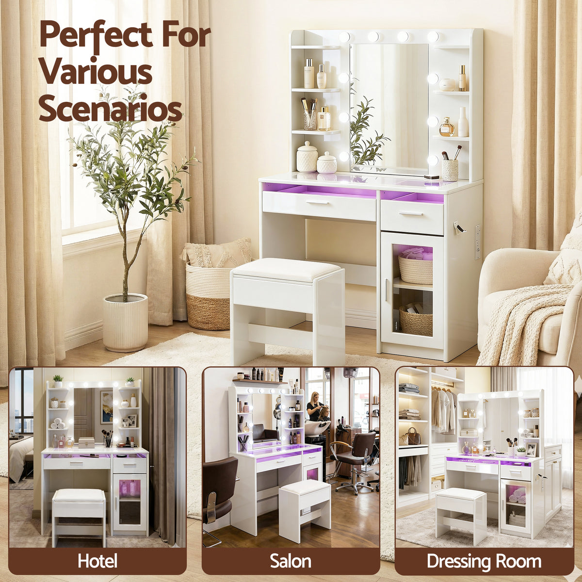 Artiss Dressing Table Vanity Desk Set 10 LED Bulbs RGB Light White