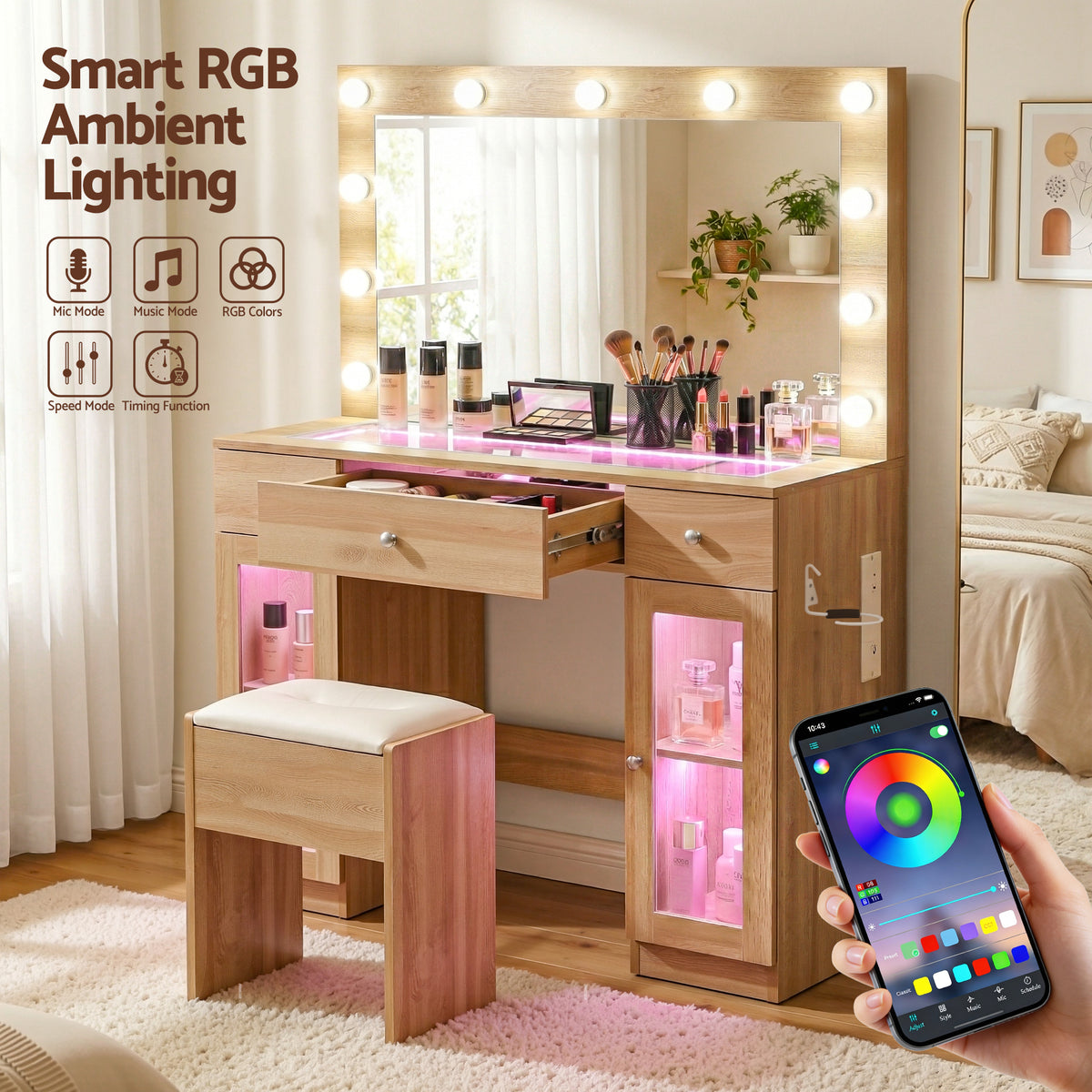 Artiss Dressing Table Vanity Desk Set LED Bulbs RGB Light Wood