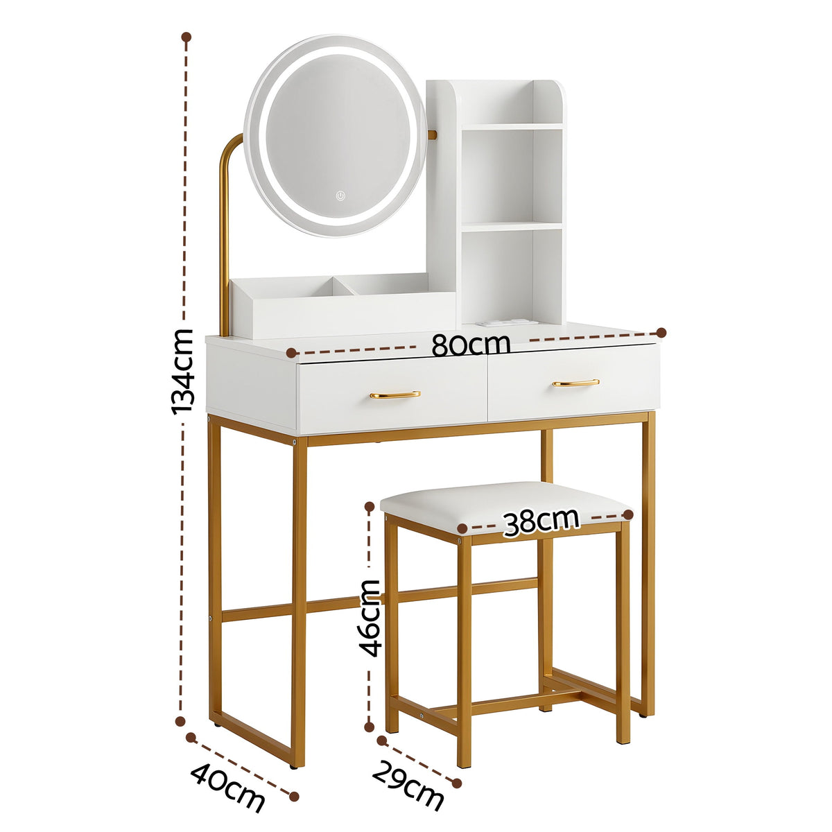 Artiss Dressing Table Vanity Desk Set Stool LED Charging Station White