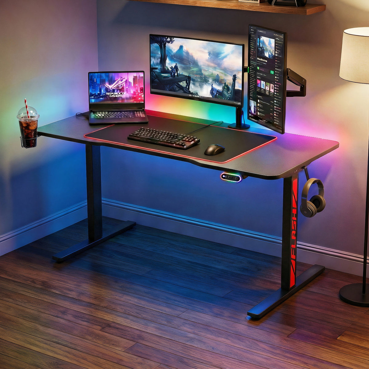 Artiss Electric Gaming Desk RGB Sit Stand Height Adjustable Table Black