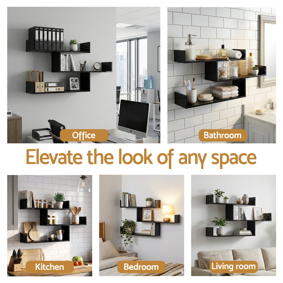 Artiss Floating Wall Shelf 3 Tier Black