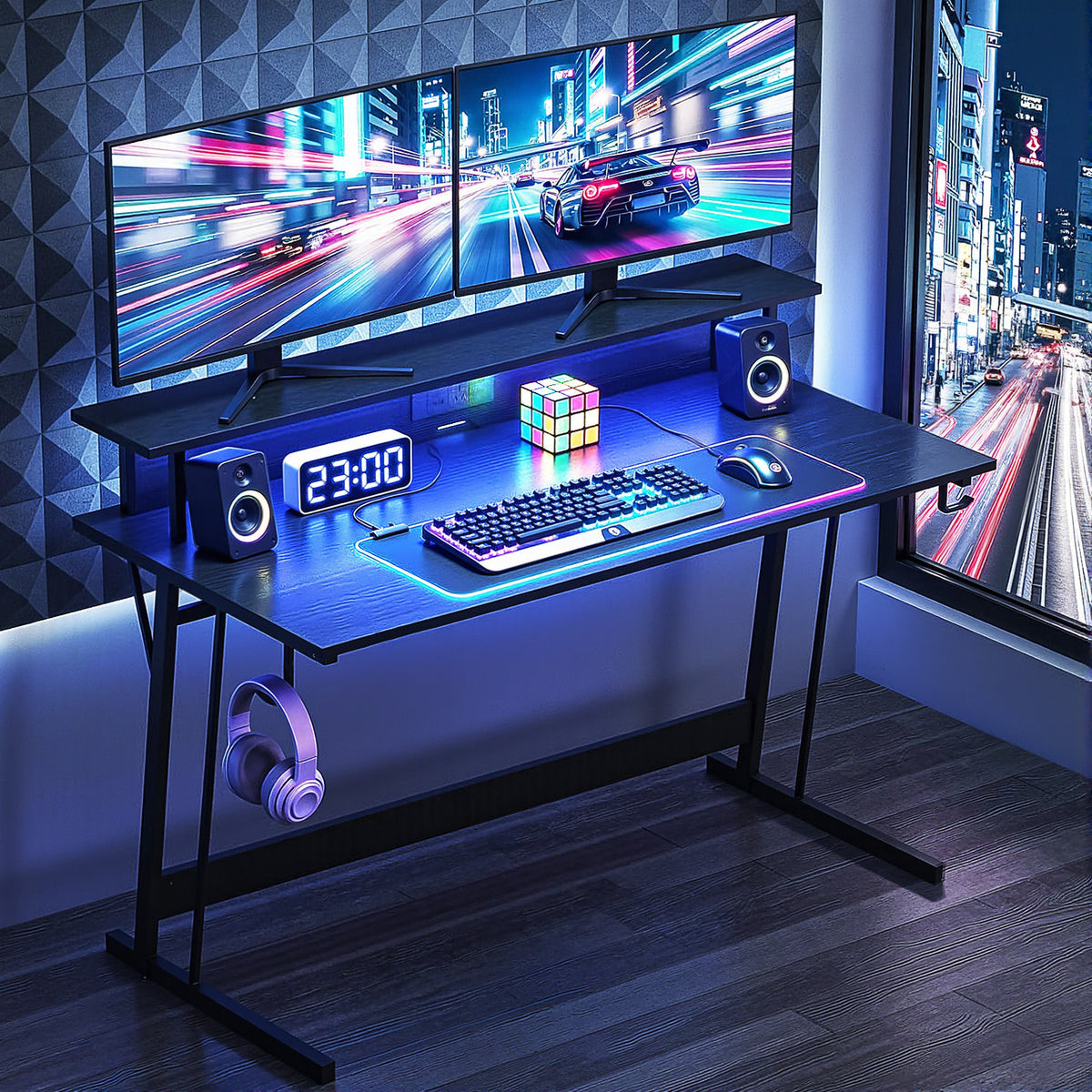Artiss Gaming Desk with LED Lights Computer Desk Table with Monitor Shelf Power 120cm