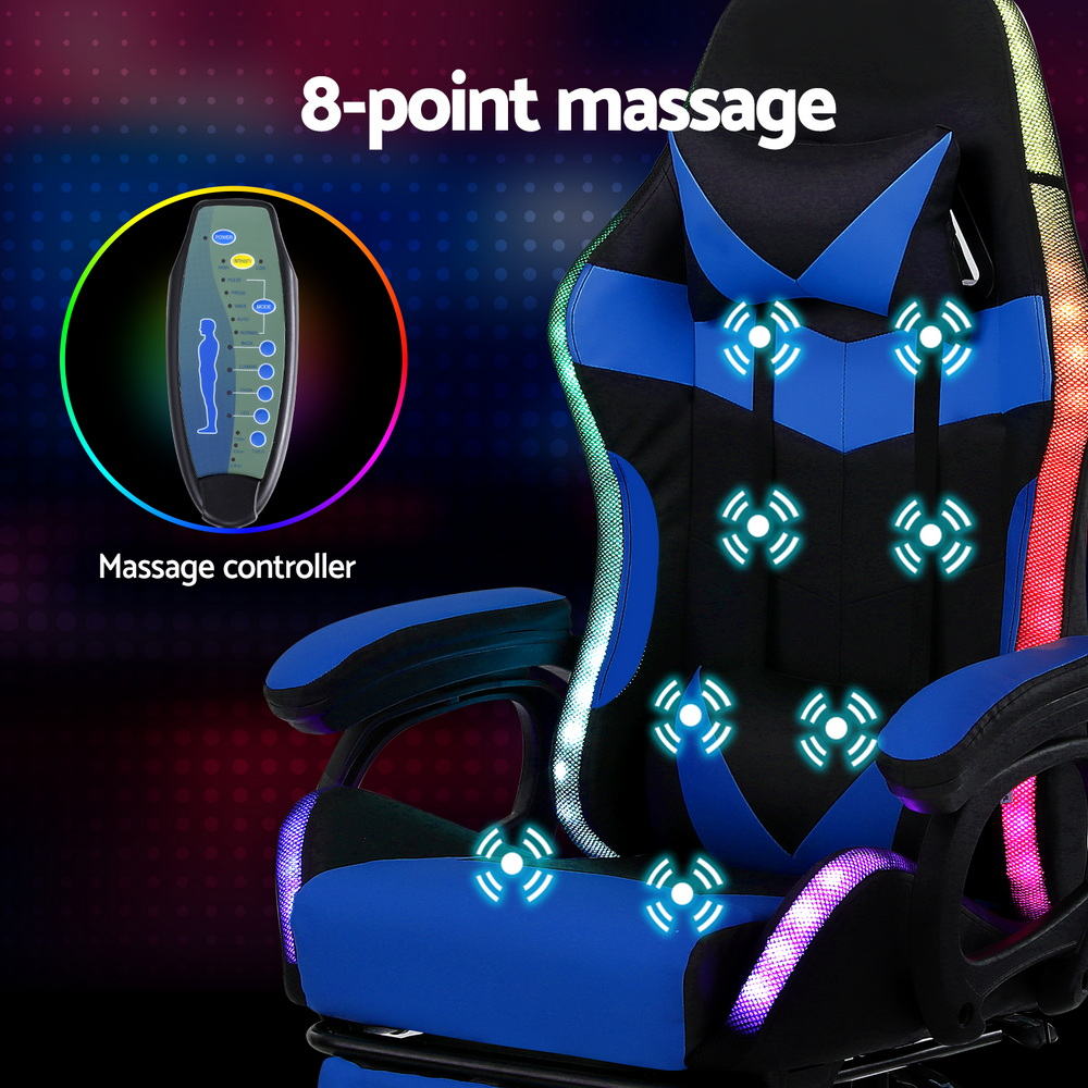 Artiss Gaming Office Chair 12 RGB LED Massage Computer Work Seat Footrest Blue