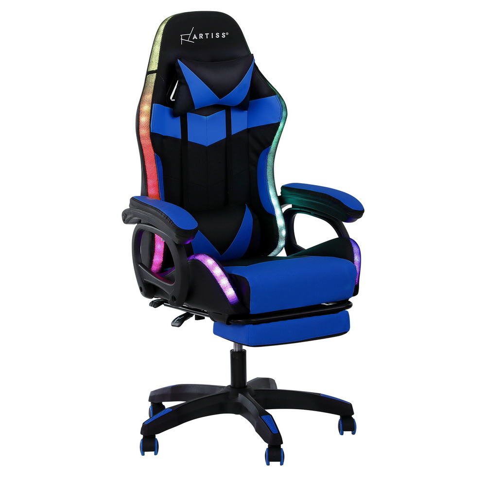 Artiss Gaming Office Chair 12 RGB LED Massage Computer Work Seat Footrest Blue