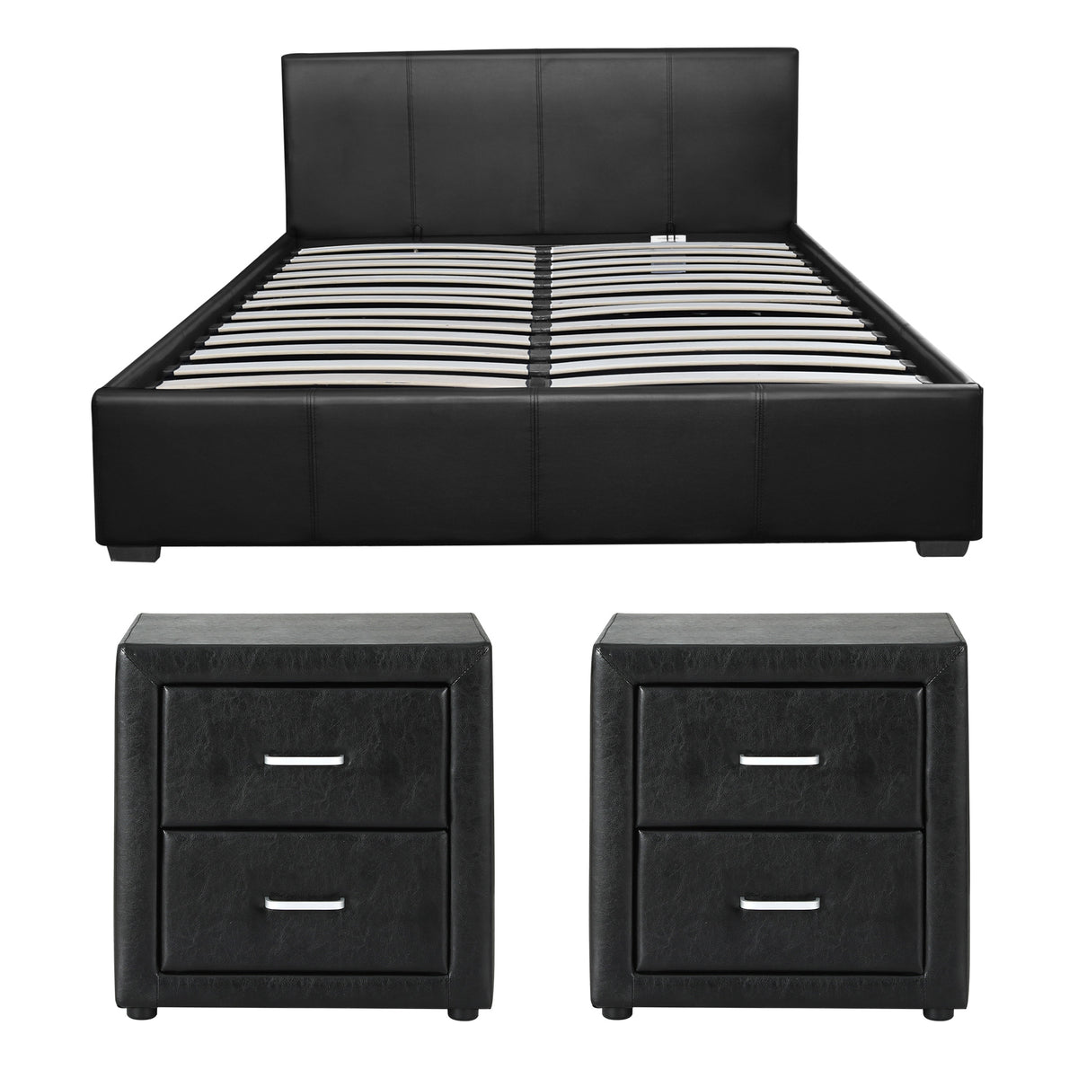 Artiss Gas Lift Queen Bed Frame and 2 Bedside Table Set Leather Black