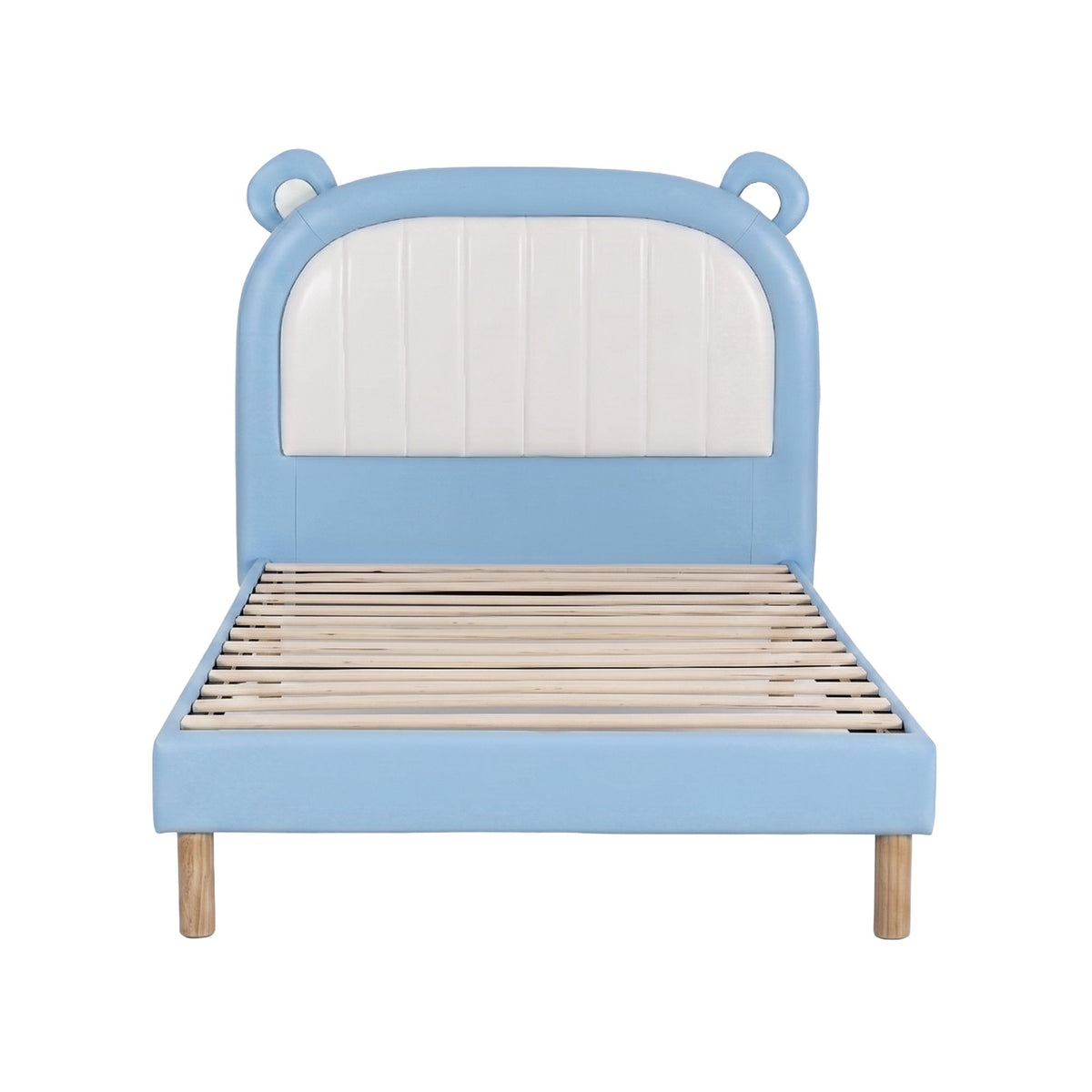 Artiss Kids King Single Bed Frame Upholstered Bear Headboard Waterproof Leather Boys Bed 180kg Capacity Blue and White