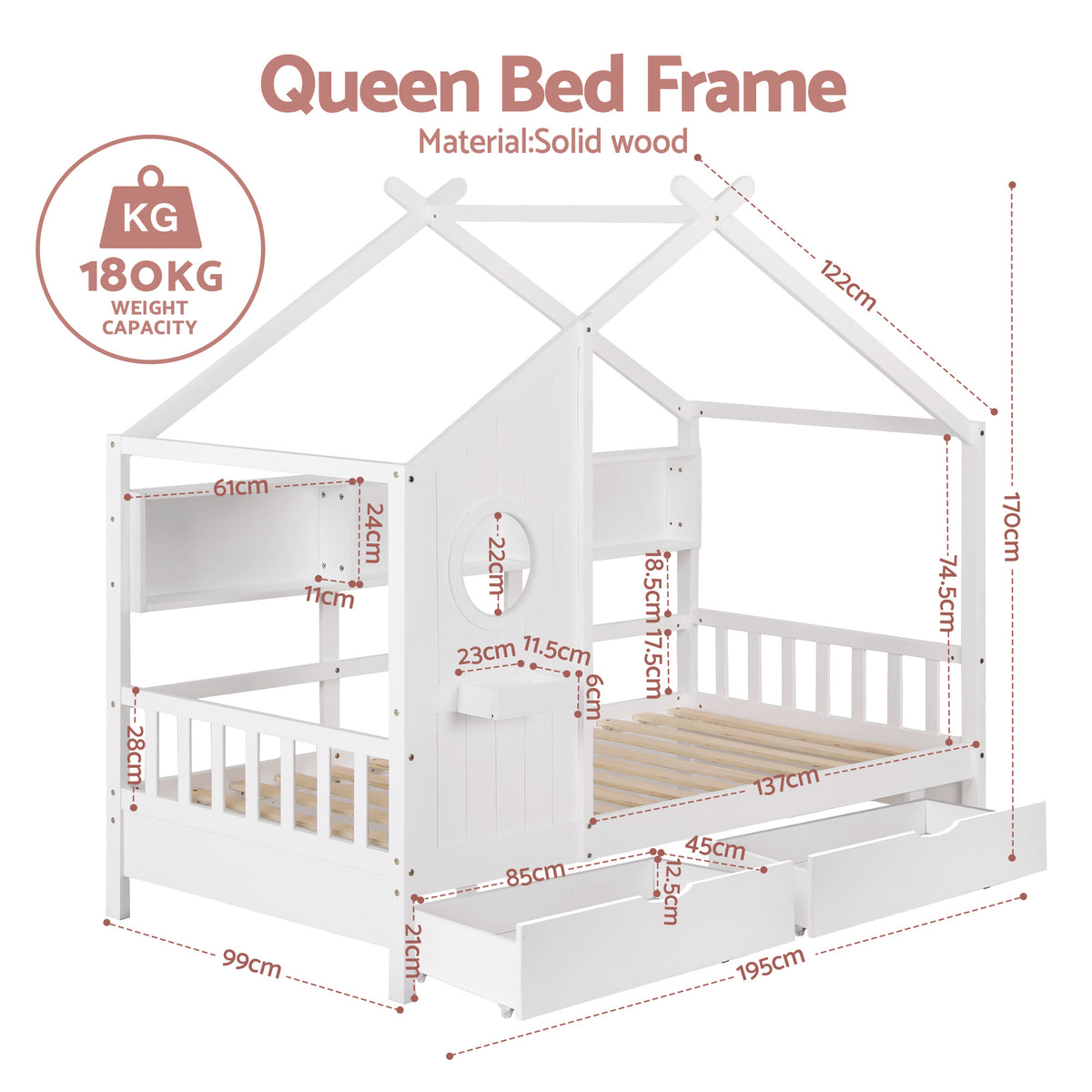 Artiss Kids Single Bed Frame with 3 Storage Bookcase & 2 Drawers House Bed Solid Wood Montessori Bed Easy Assembly White