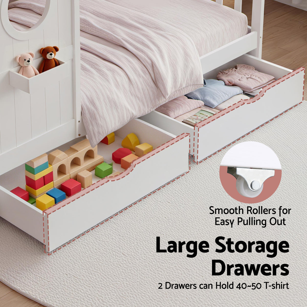 Artiss Kids Single Bed Frame with 3 Storage Bookcase & 2 Drawers House Bed Solid Wood Montessori Bed Easy Assembly White