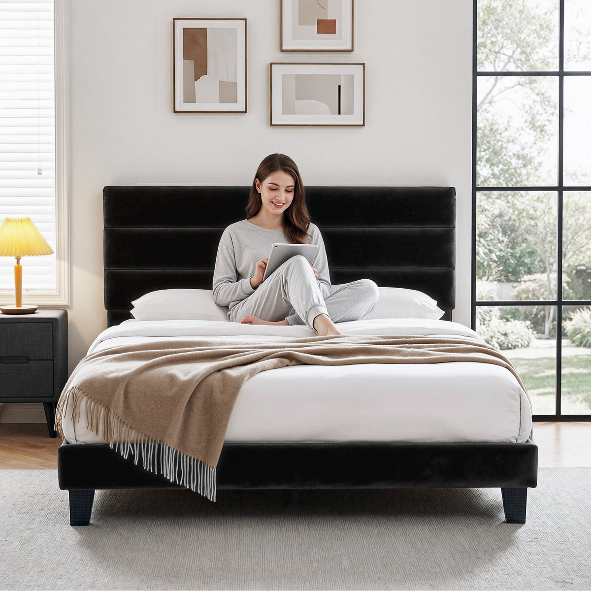 Artiss King Bed Frame Upholstered Platform Base with Geometric Headboard Black Velvet