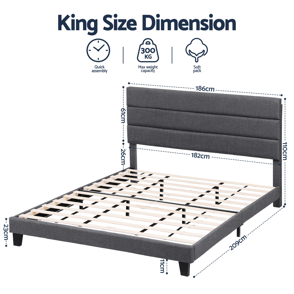 Artiss King Bed Frame Upholstered Platform Base with Geometric Headboard Charcoal Grey Linen Wood Slats for Modern Bedroom Furniture Home Decor