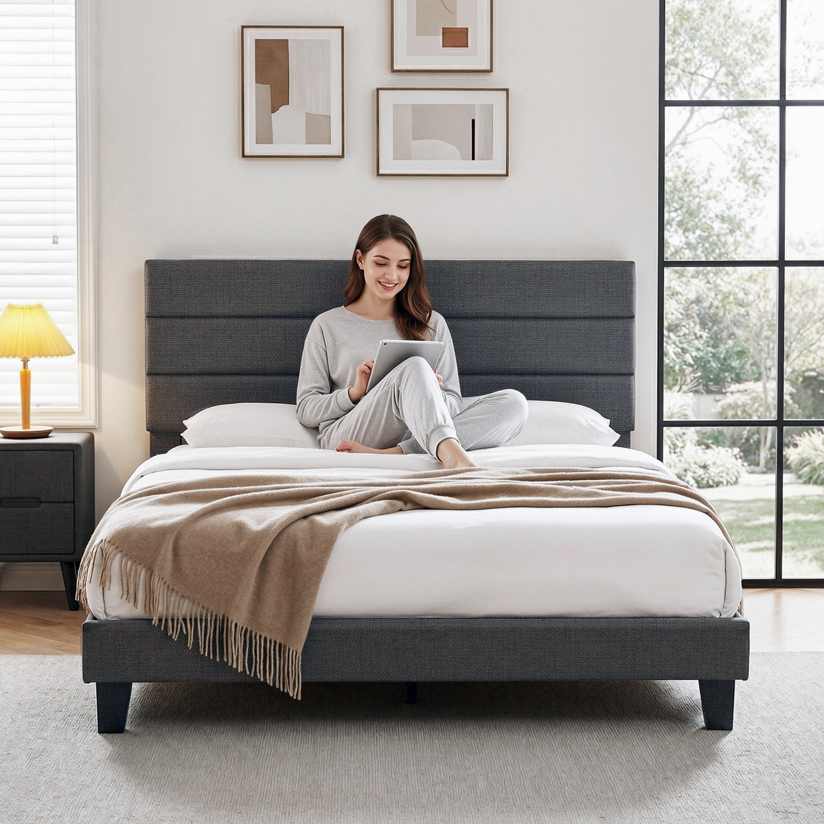 Artiss King Bed Frame Upholstered Platform Base with Geometric Headboard Charcoal Grey Linen Wood Slats for Modern Bedroom Furniture Home Decor