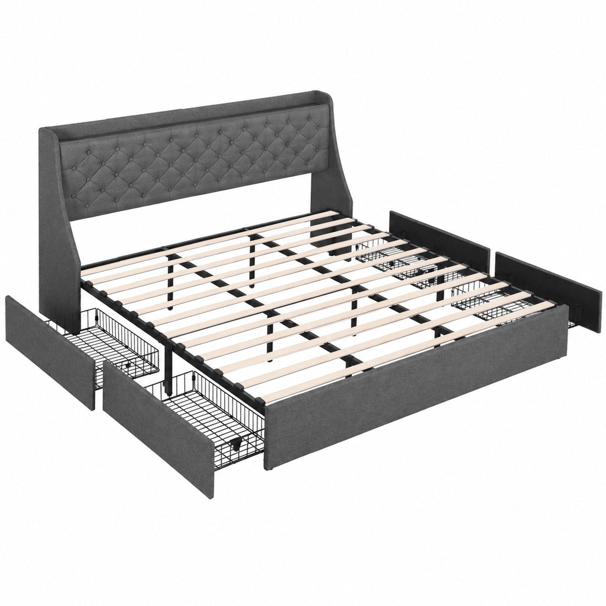 Artiss King Bed Frame with 4 Storage Drawers and Charging Station Tufted Wingback Headboard 300kg Loads Charcoal Grey