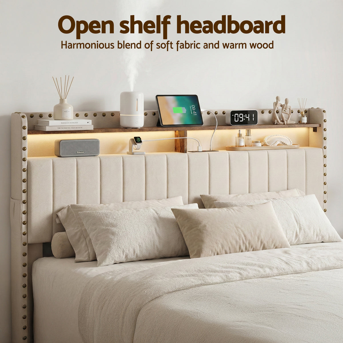 Artiss King Upholstered Bed Frame with Shelf Storage Drawers Charging Station Mood Lighting Linen