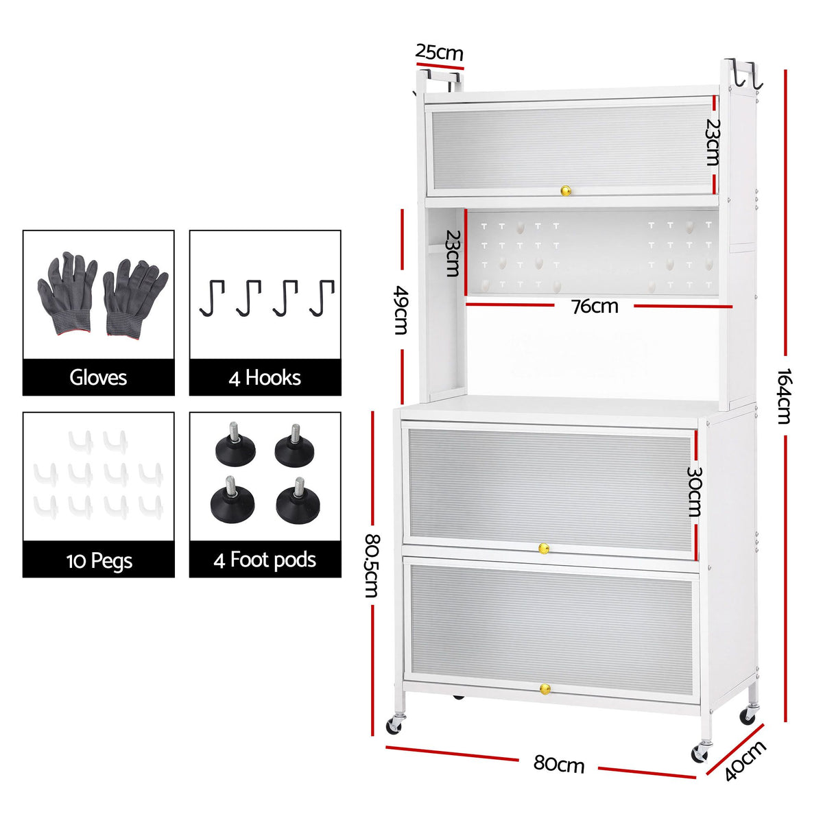 Artiss Kitchen Cabinet Storage Shelves Pegboard Cupboard Sideboard 80CMX164CM