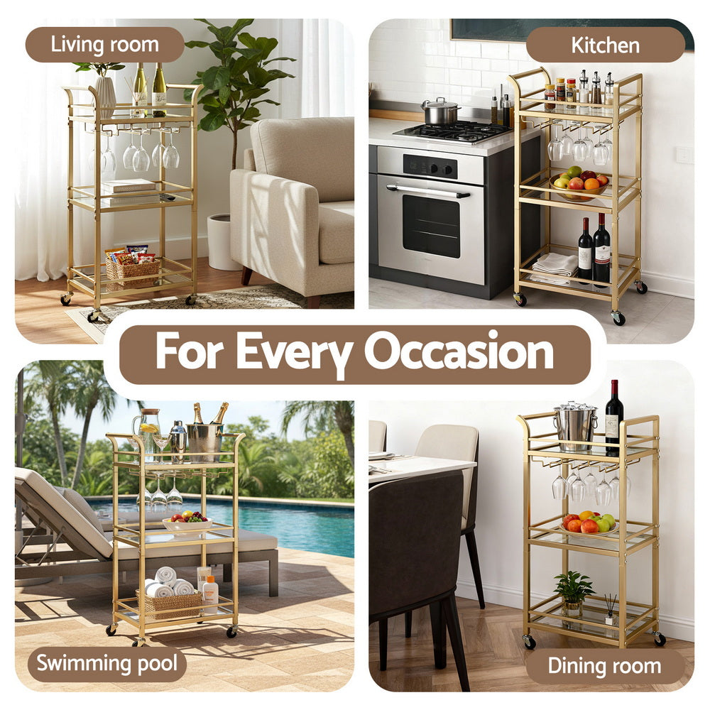 Artiss Kitchen Island Cart Trolley Rolling Serving Storage Wine Glass 43cm Gold