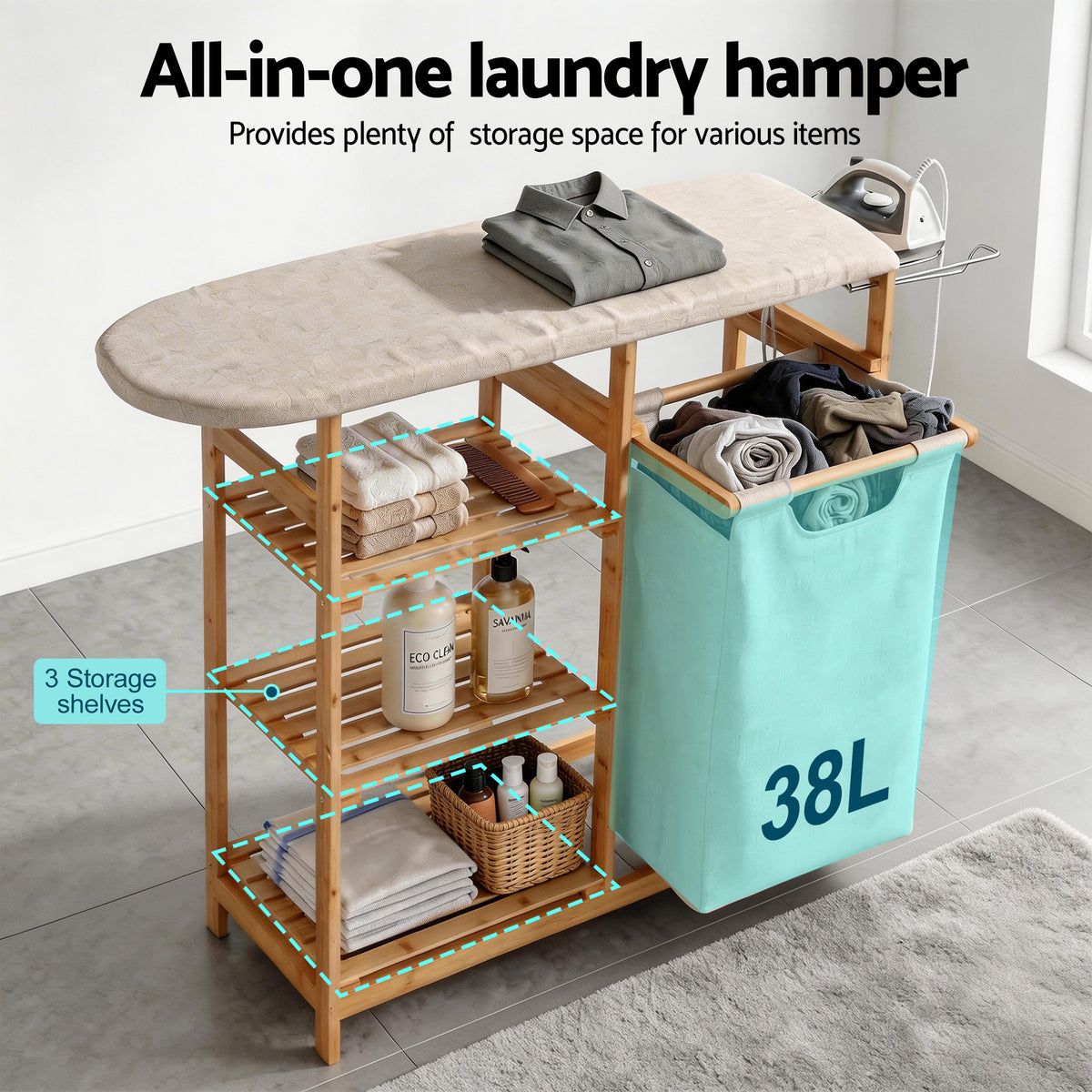 Artiss Laundry Basket Hamper with Ironing Board Bamboo