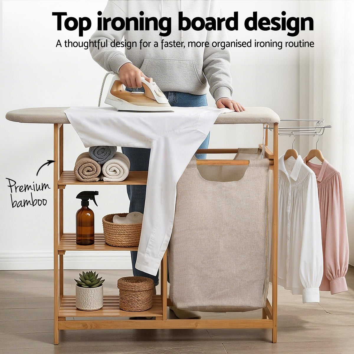 Artiss Laundry Basket Hamper with Ironing Board Bamboo