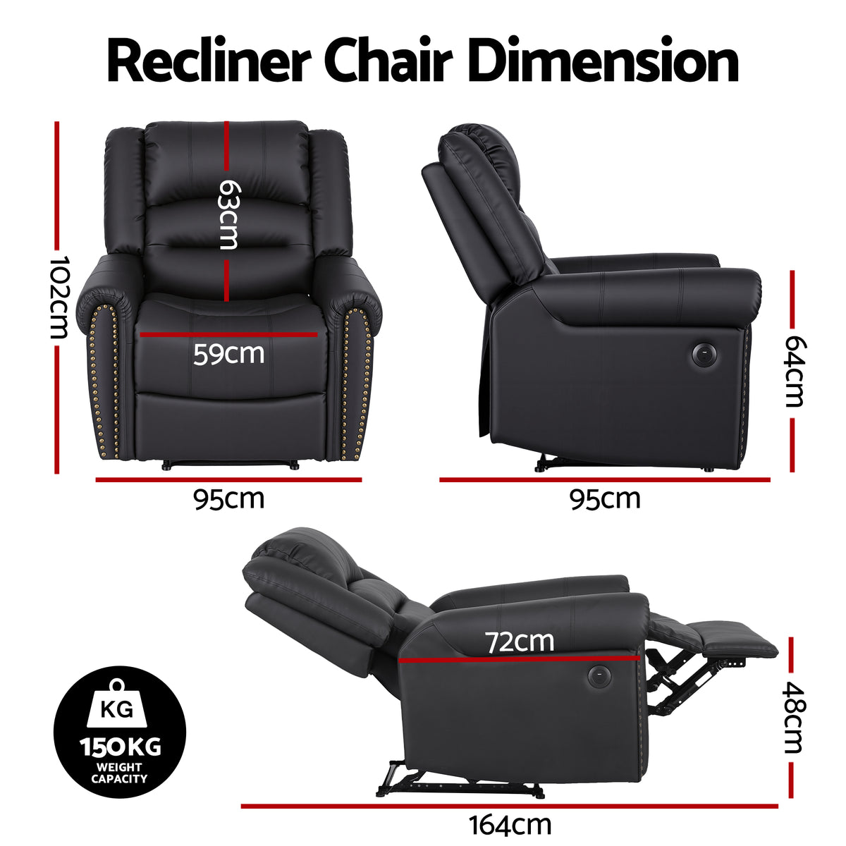 Artiss Leather Manual Recliner Chair with USB Charge Port, Overstuffed Armchair Sofa for Living Room and Nursery, Asjustable Theater Reclining Lounge with Comfortable Wide Seat, 150kg Capacity, Black