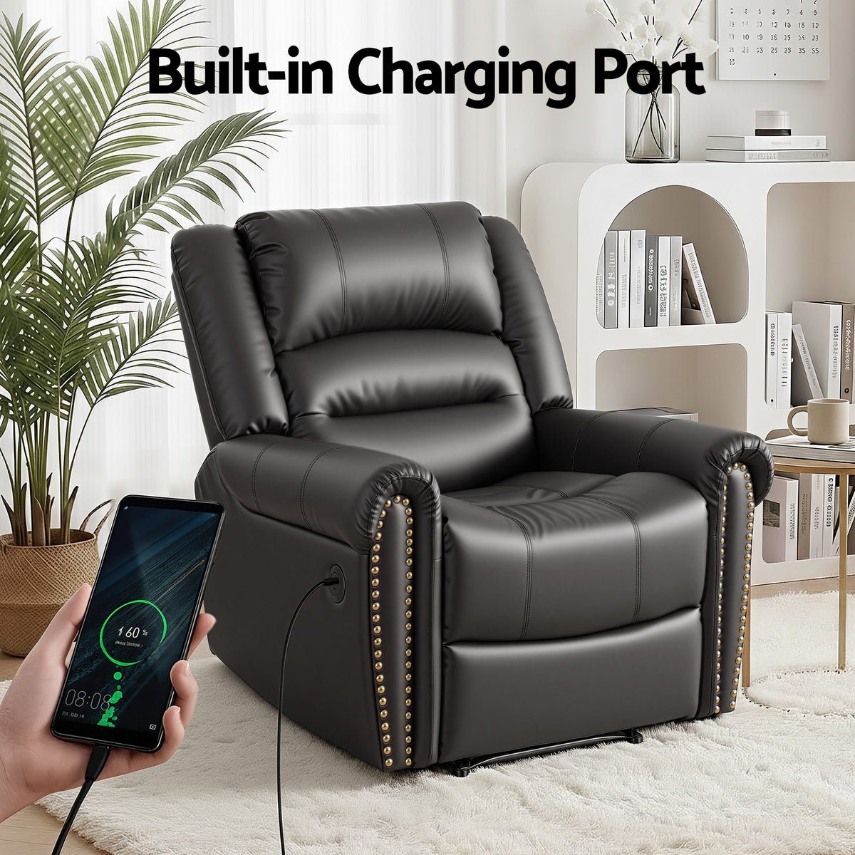 Artiss Leather Manual Recliner Chair with USB Charge Port, Overstuffed Armchair Sofa for Living Room and Nursery, Asjustable Theater Reclining Lounge with Comfortable Wide Seat, 150kg Capacity, Black