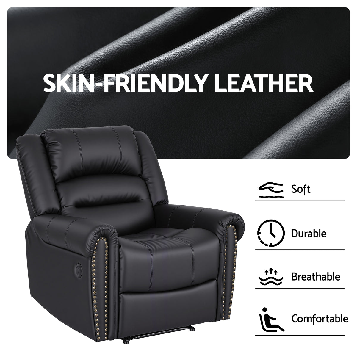 Artiss Leather Manual Recliner Chair with USB Charge Port, Overstuffed Armchair Sofa for Living Room and Nursery, Asjustable Theater Reclining Lounge with Comfortable Wide Seat, 150kg Capacity, Black
