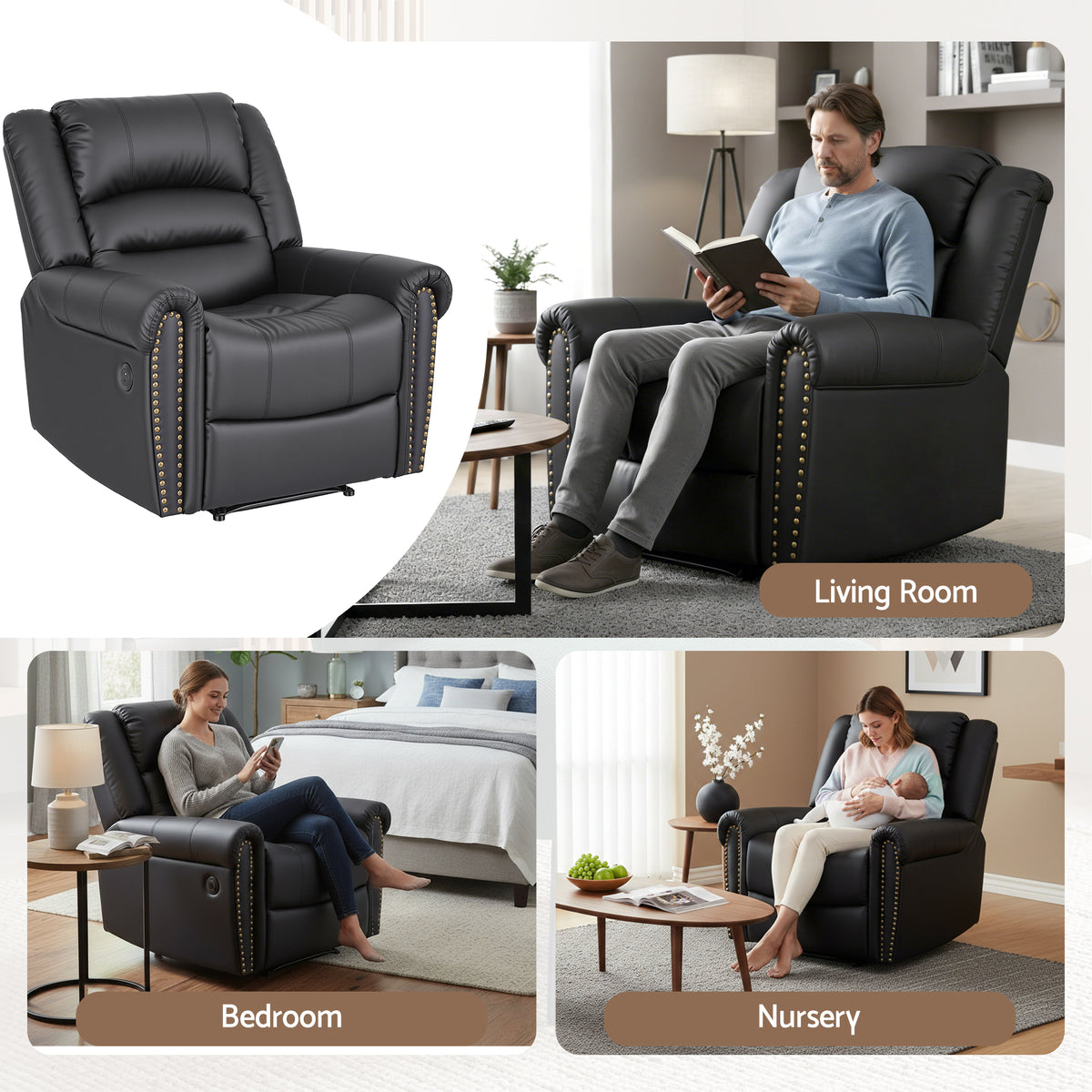 Artiss Leather Manual Recliner Chair with USB Charge Port, Overstuffed Armchair Sofa for Living Room and Nursery, Asjustable Theater Reclining Lounge with Comfortable Wide Seat, 150kg Capacity, Black
