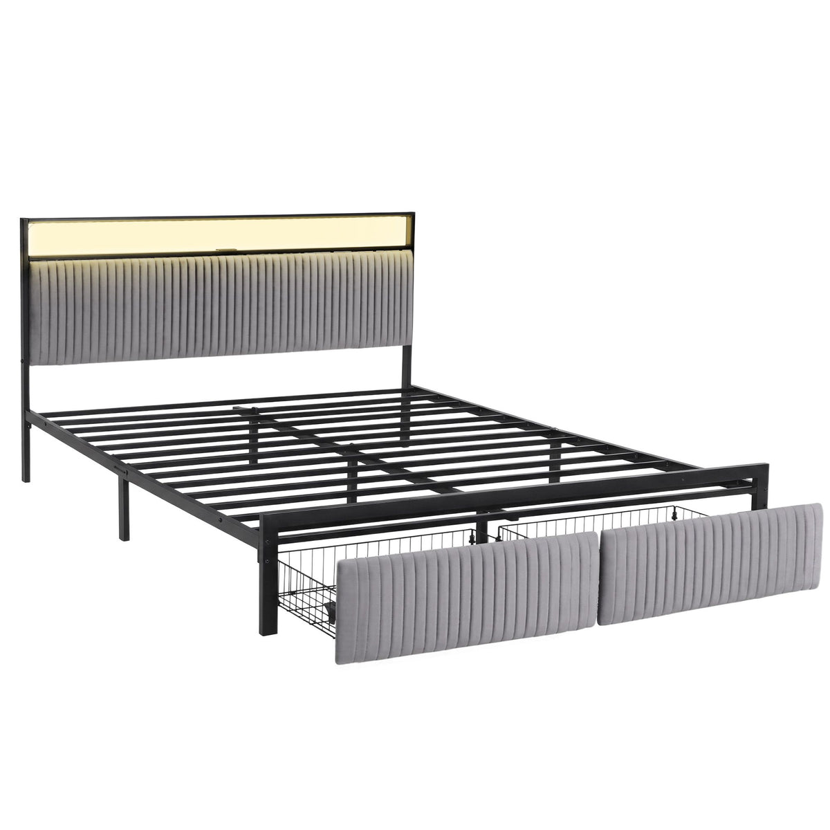 Artiss Metal Bed Frame King Size LED Charging Station 2 Drawers