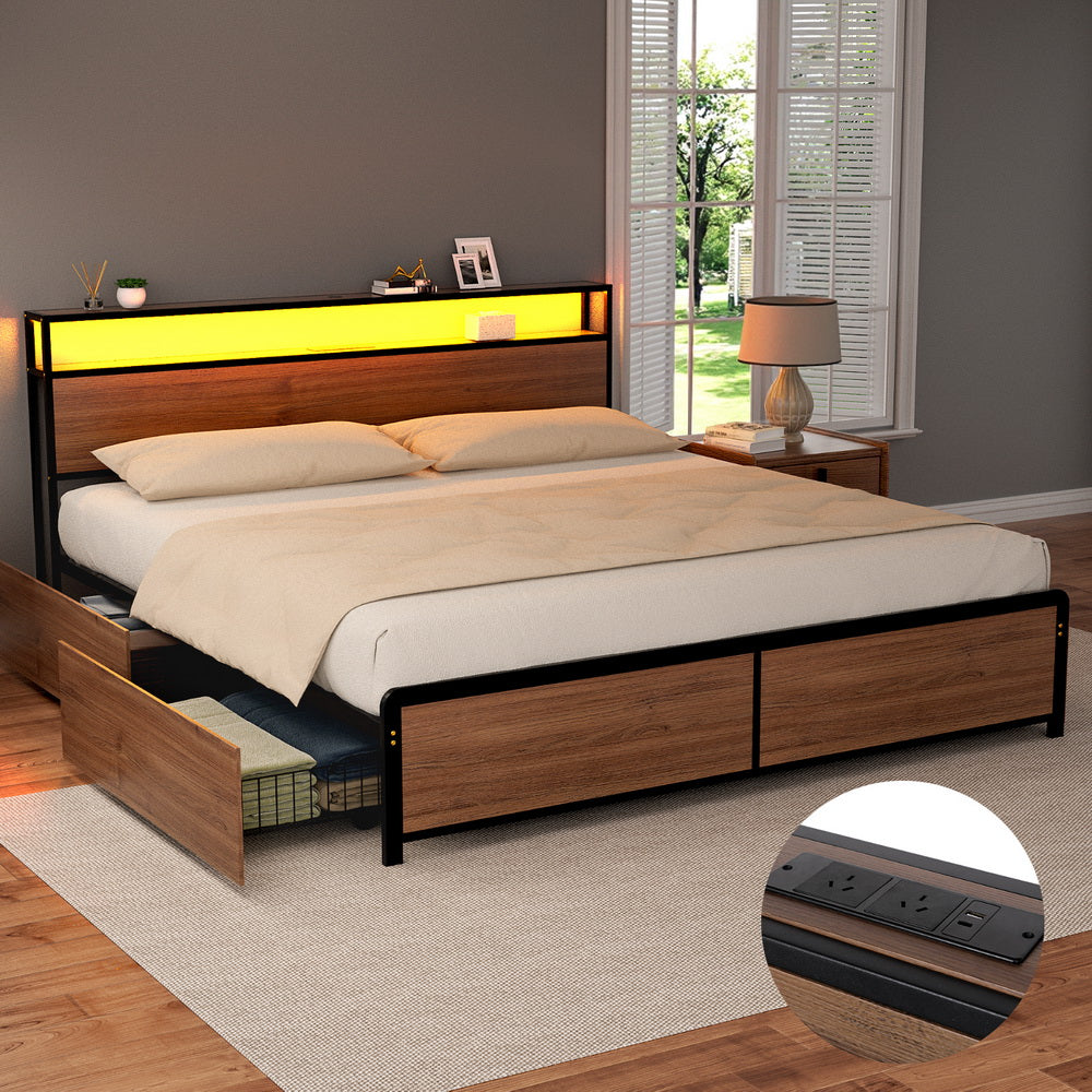 Artiss Metal Bed Frame King Size LED Storage Headboard USB Charge 4 Drawers