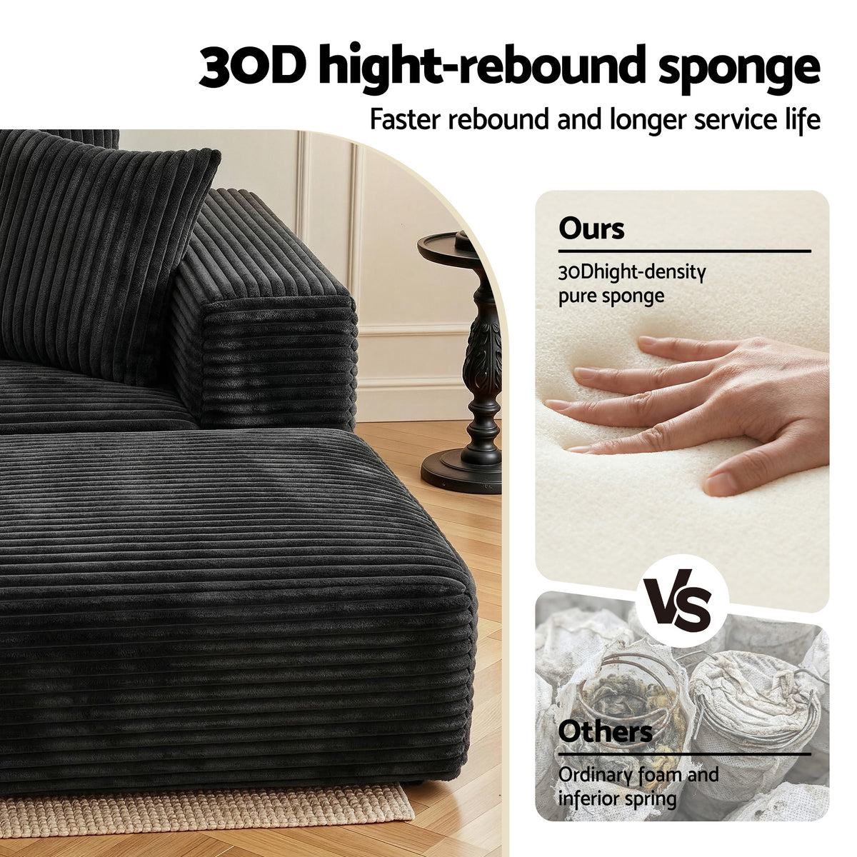 Artiss Modular Sofa Bed with Ottoman Sectional Boneless Couches for Living Room Corduroy Compressed Sofa Black