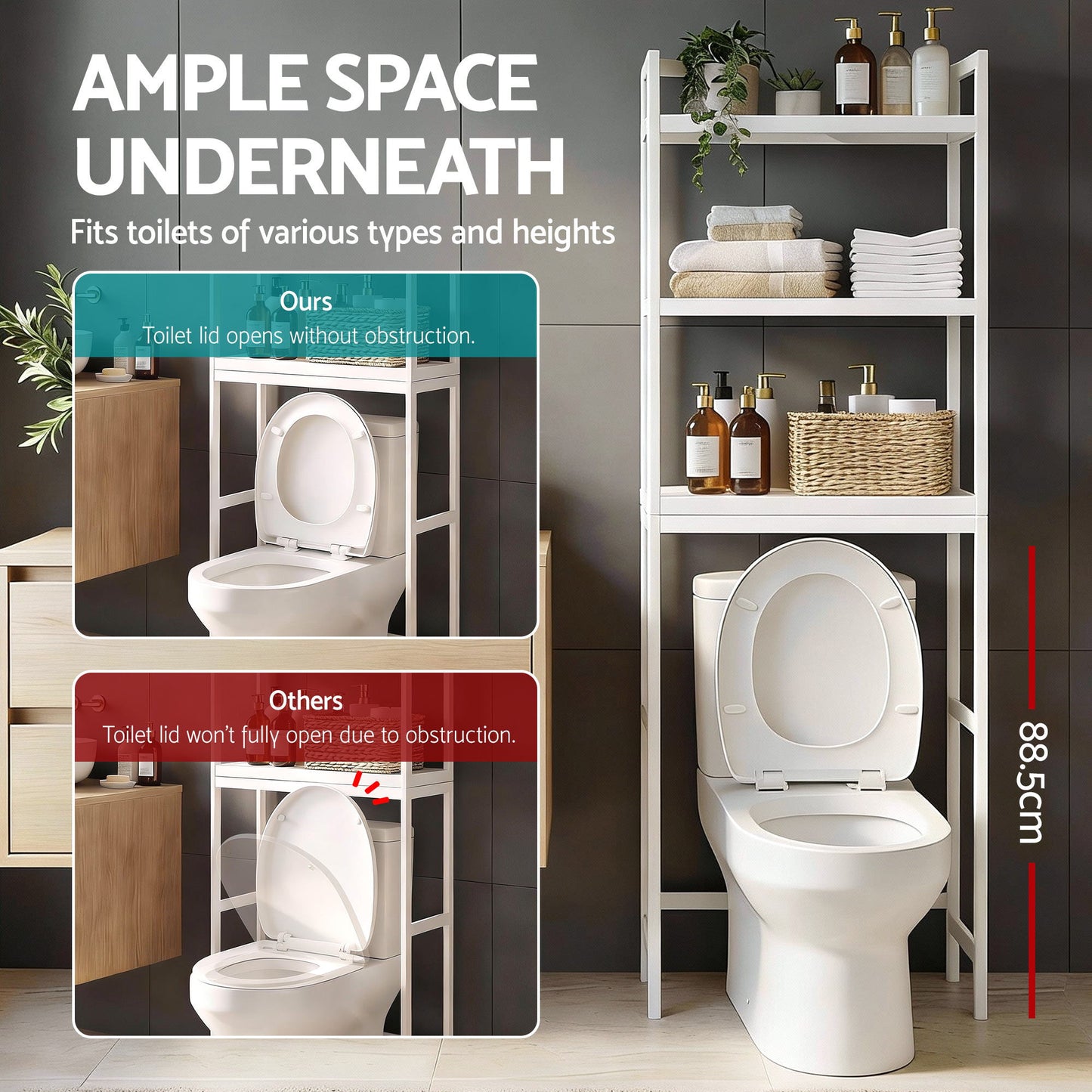 Artiss Over Toilet Storage Bathroom Rack Space Saving 3 Tier Organiser White