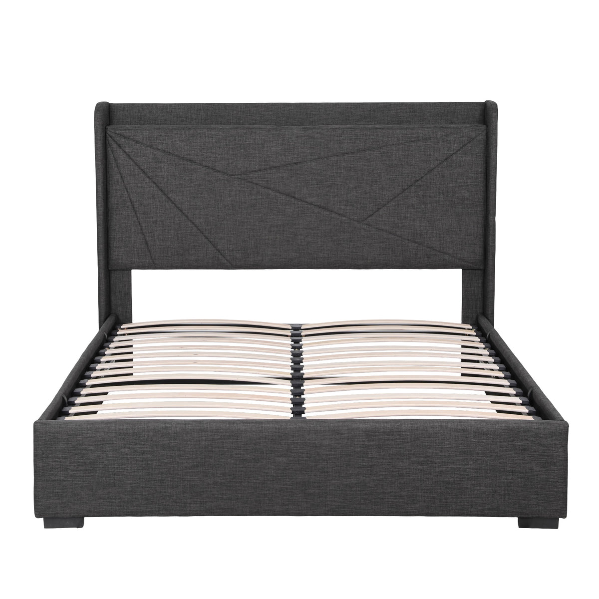 Artiss Queen Bed Frame Gas Lift Storage Bed with Charging Ports Upholstered Geometric Headboard Charcoal Grey