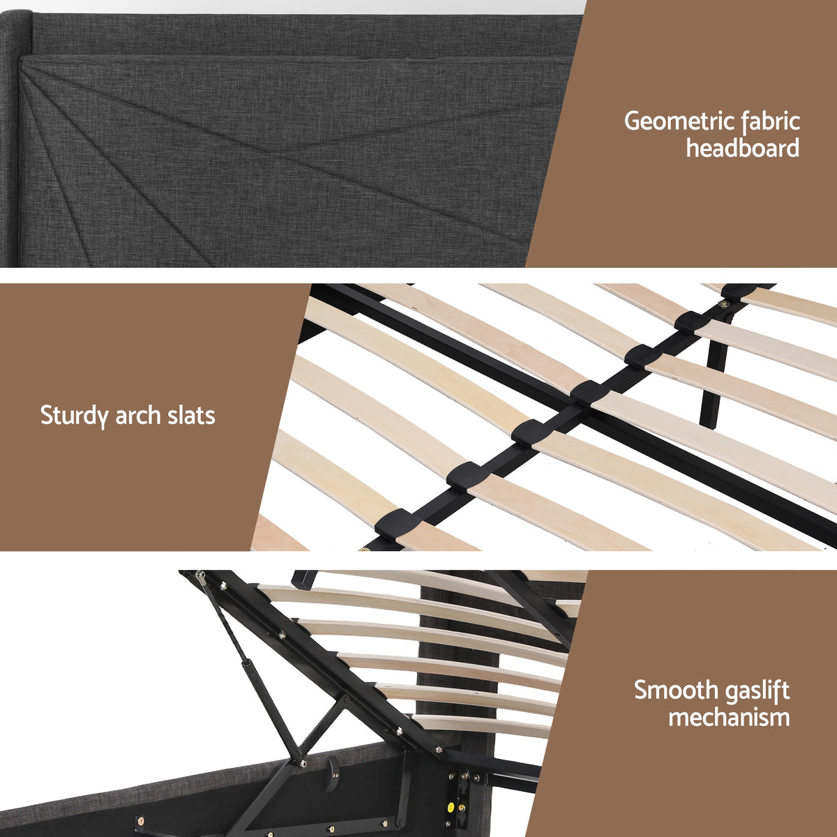 Artiss Queen Bed Frame Gas Lift Storage Bed with Charging Ports Upholstered Geometric Headboard Charcoal Grey