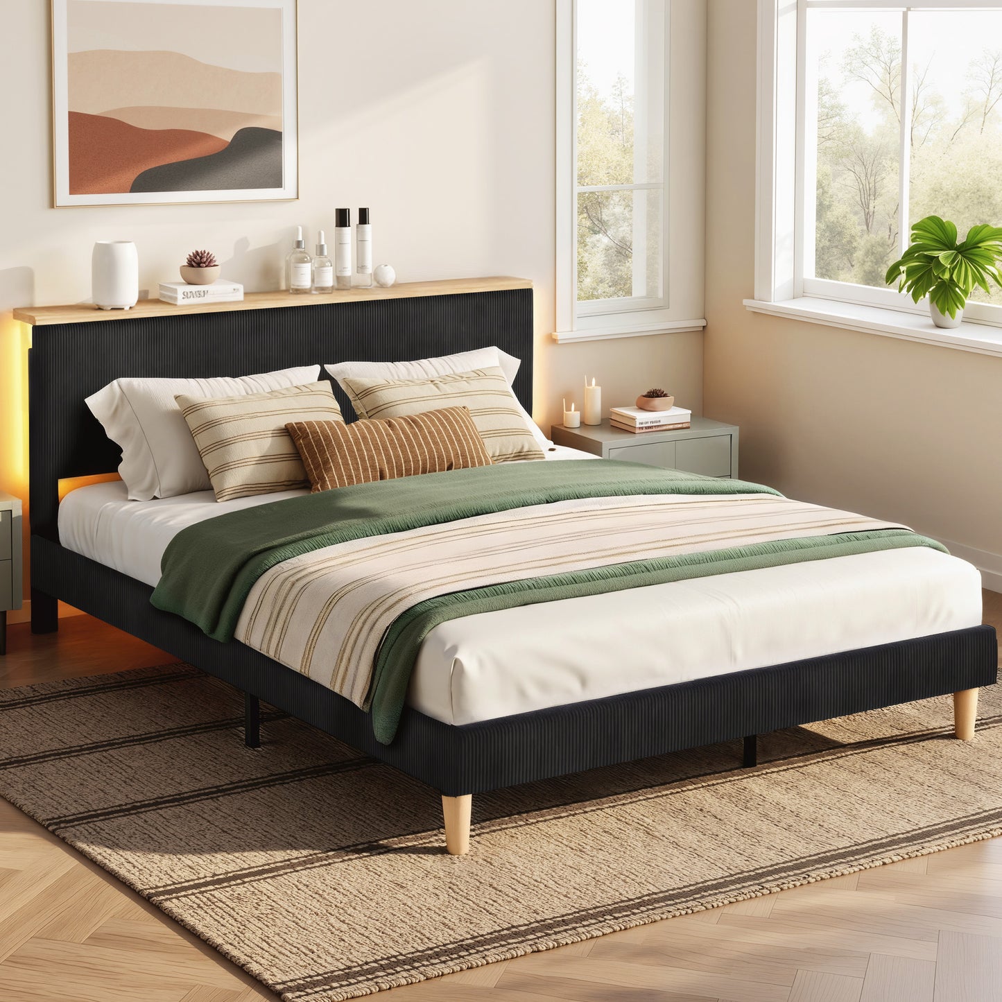 Artiss Queen Bed Frame Upholstered Adjustable Headboard Mood Lighting Heavy Duty Black Velvet