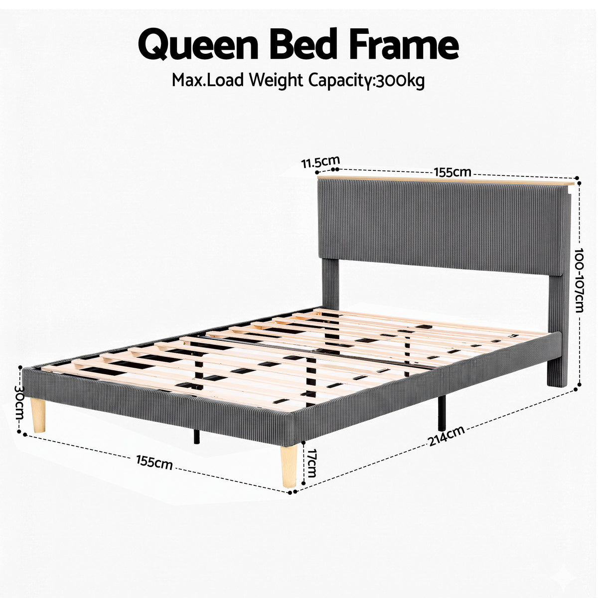Artiss Queen Bed Frame Upholstered Adjustable Headboard Mood Lighting Heavy Duty Grey Velvet