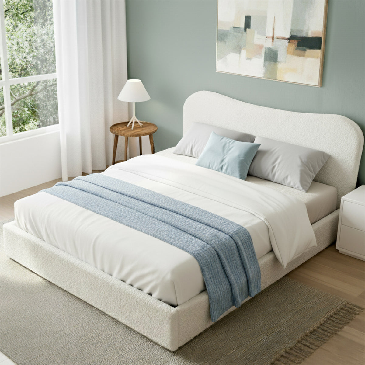 Artiss Queen Bed Frame with Gaslift Storage Wooden Platform Mattress Base Boucle Upholstered White