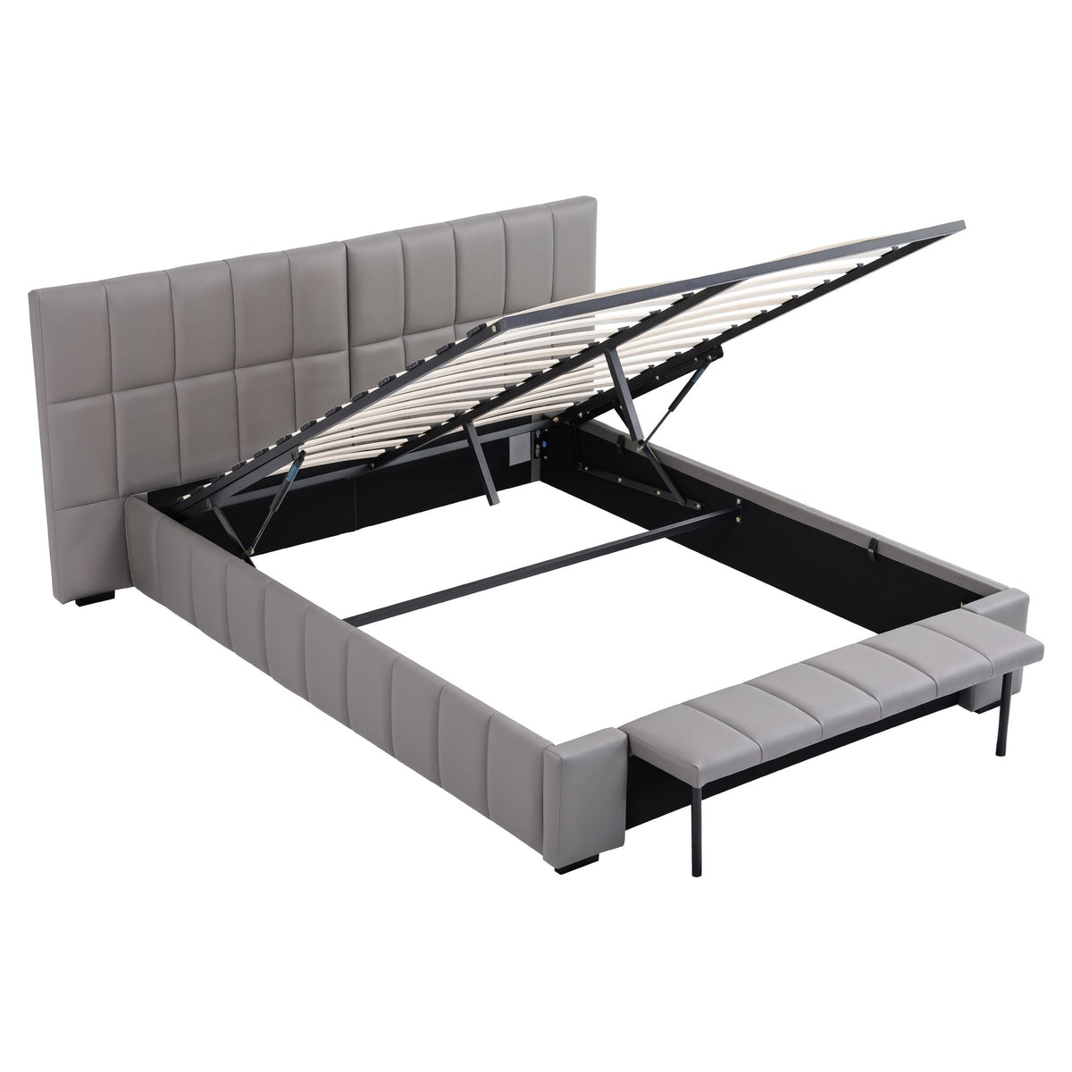 Artiss Queen Size Upholstered Gas Lift Bed Frame with Foldable Bench PVC Leather Platform Bed with Storage