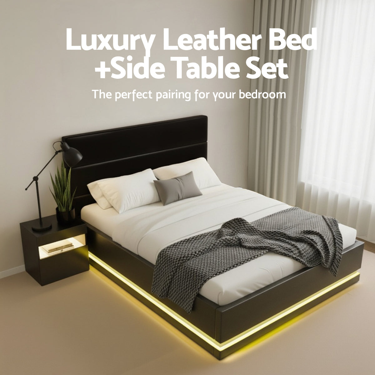 Artiss RGB LED Double Bed Frame with Beside Table Set 16 Colour Mood Lighting