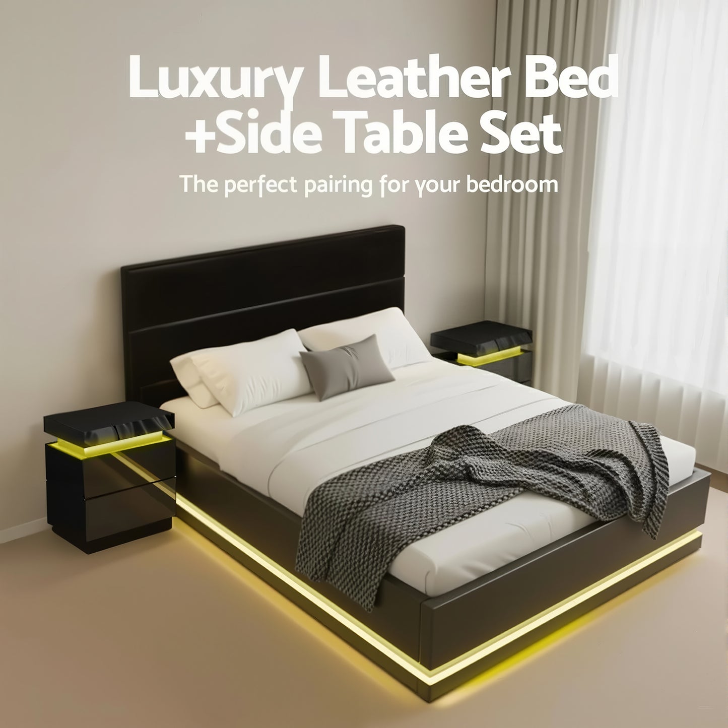 Artiss RGB LED Queen Bed Frame with 2 Beside Tables Set 16 Colour Mood Lighting