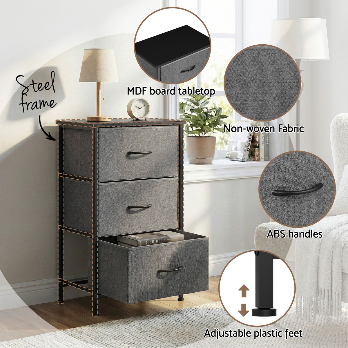 Artiss Set of 2 Chest of 3 Drawers Storage Dresser Tallboy Grey