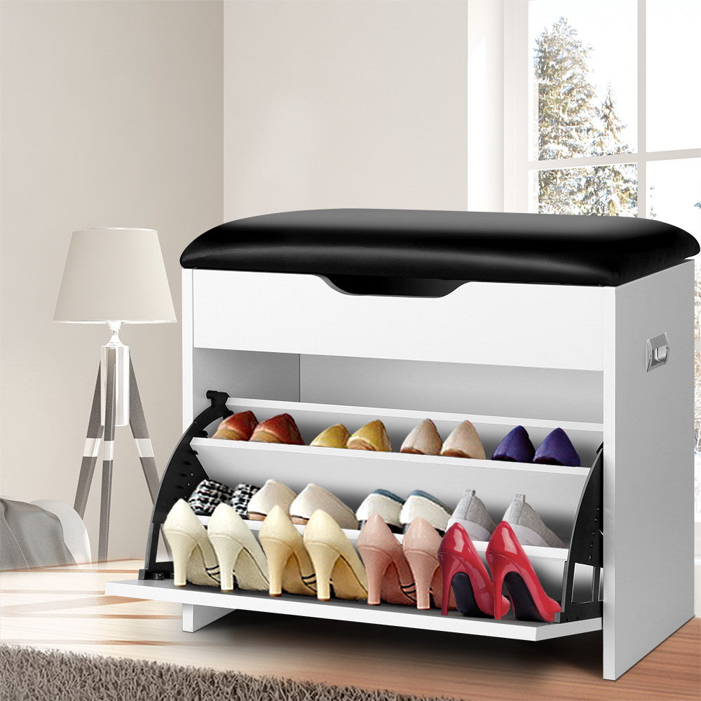 Artiss Shoe Rack Cabinet Bench 3-tier 15 Pairs White