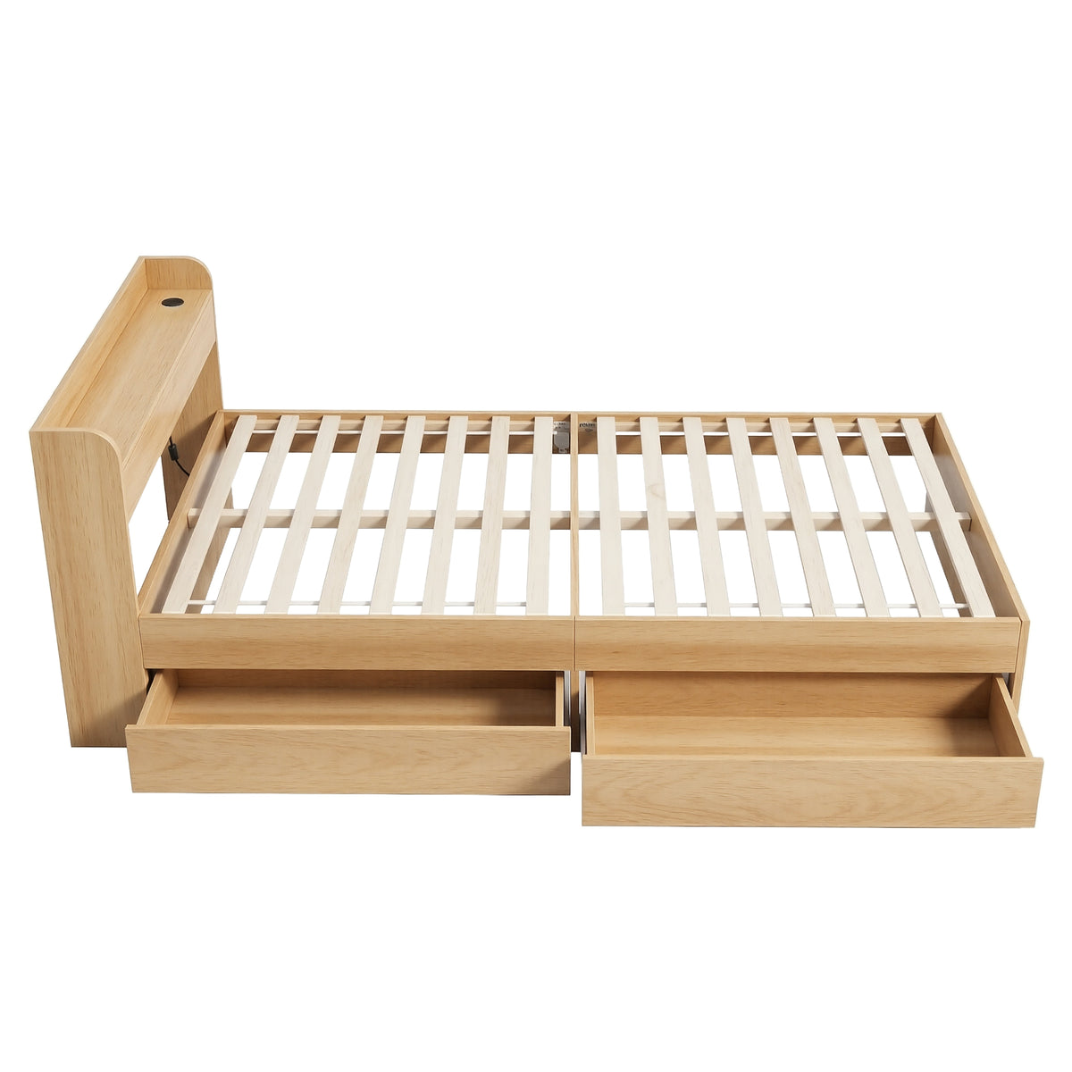 Artiss Single Bed Frame with 2 Storage Drawers Platform Bed Base with USB Ports Sturdy Wooden Slat Support Natural
