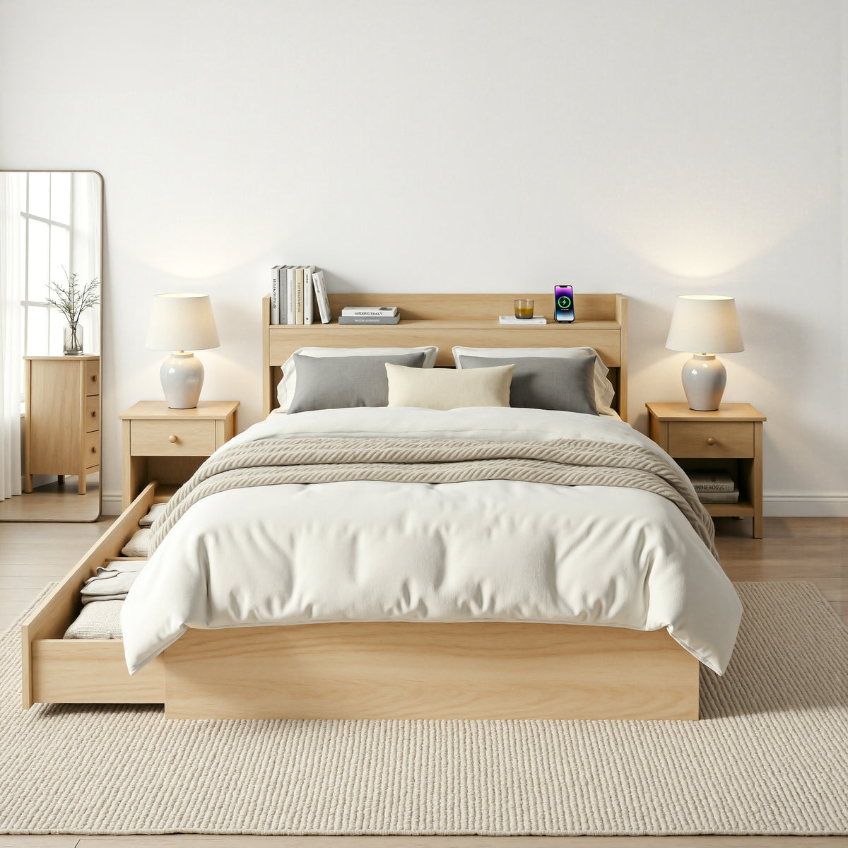 Artiss Single Bed Frame with 2 Storage Drawers Platform Bed Base with USB Ports Sturdy Wooden Slat Support Natural