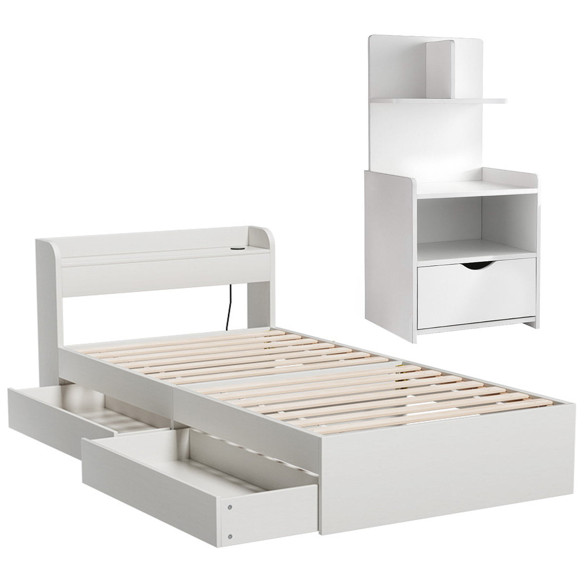 Artiss Single Bed Frame with Charging Ports and Bedside Table