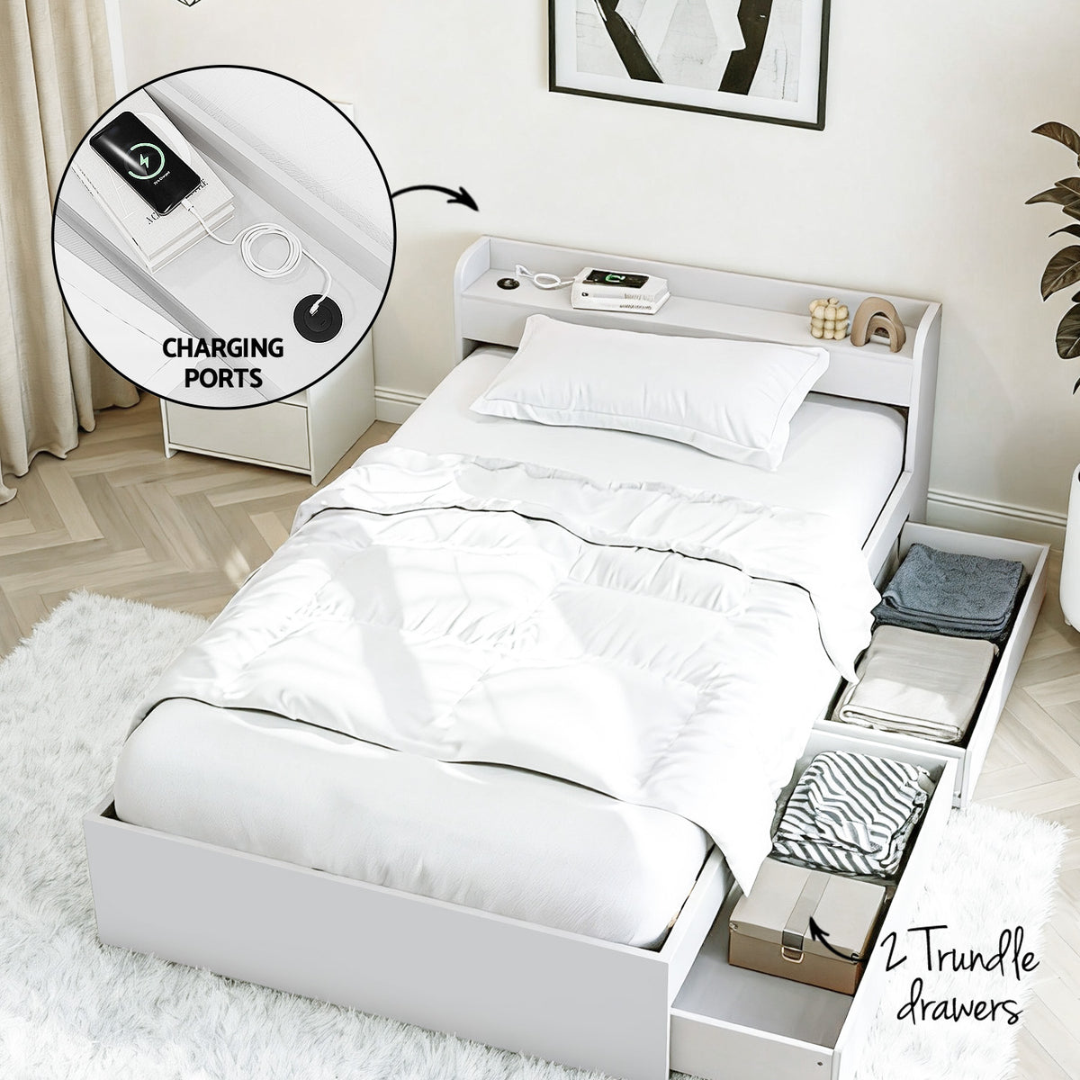 Artiss Single Bed Frame with Charging Ports and Bedside Table