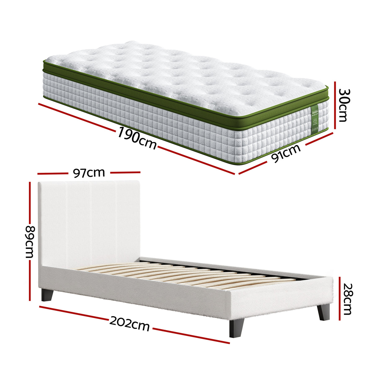 Artiss Single Bed Frame with Hybrid Mattress Set 30cm Medium Firm Platform Headboard Boucle Upholstered Pocket Coil for Pressure Relief