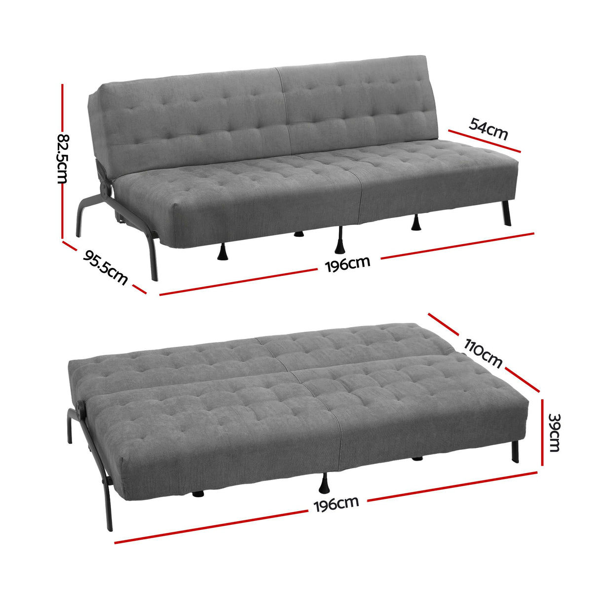 Artiss Sofa Bed, 1.9m 3-Seater Soft Innerspring Adjustable Couch Futon Chair for Apartment Dorm Living Room Office Study Bedroom, Grey