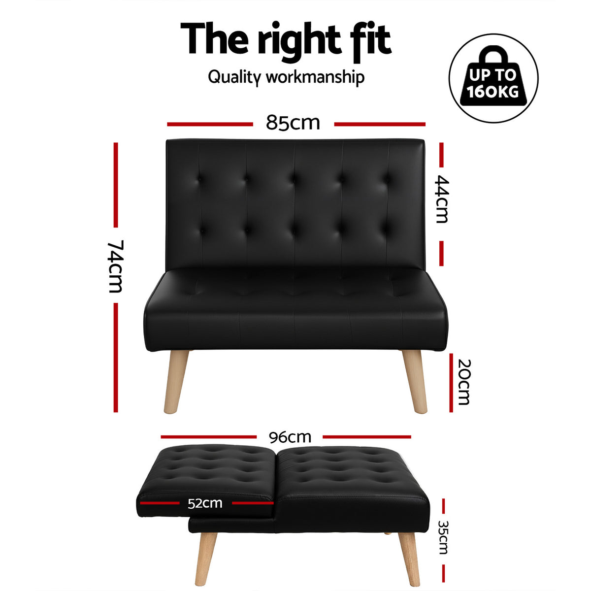 Artiss Sofa Bed Couch 1 Seater Lounge Fabric Black