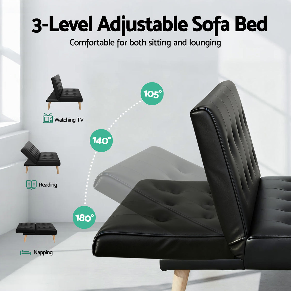 Artiss Sofa Bed Couch 2 Seater Lounge Fabric Black