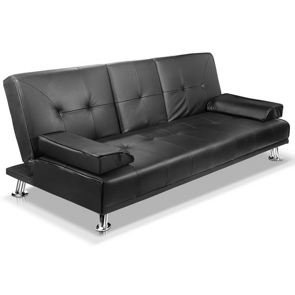 Artiss Sofa Bed Lounge Convertible Leather Couch Bed 3 Seater Cupholder Recliner