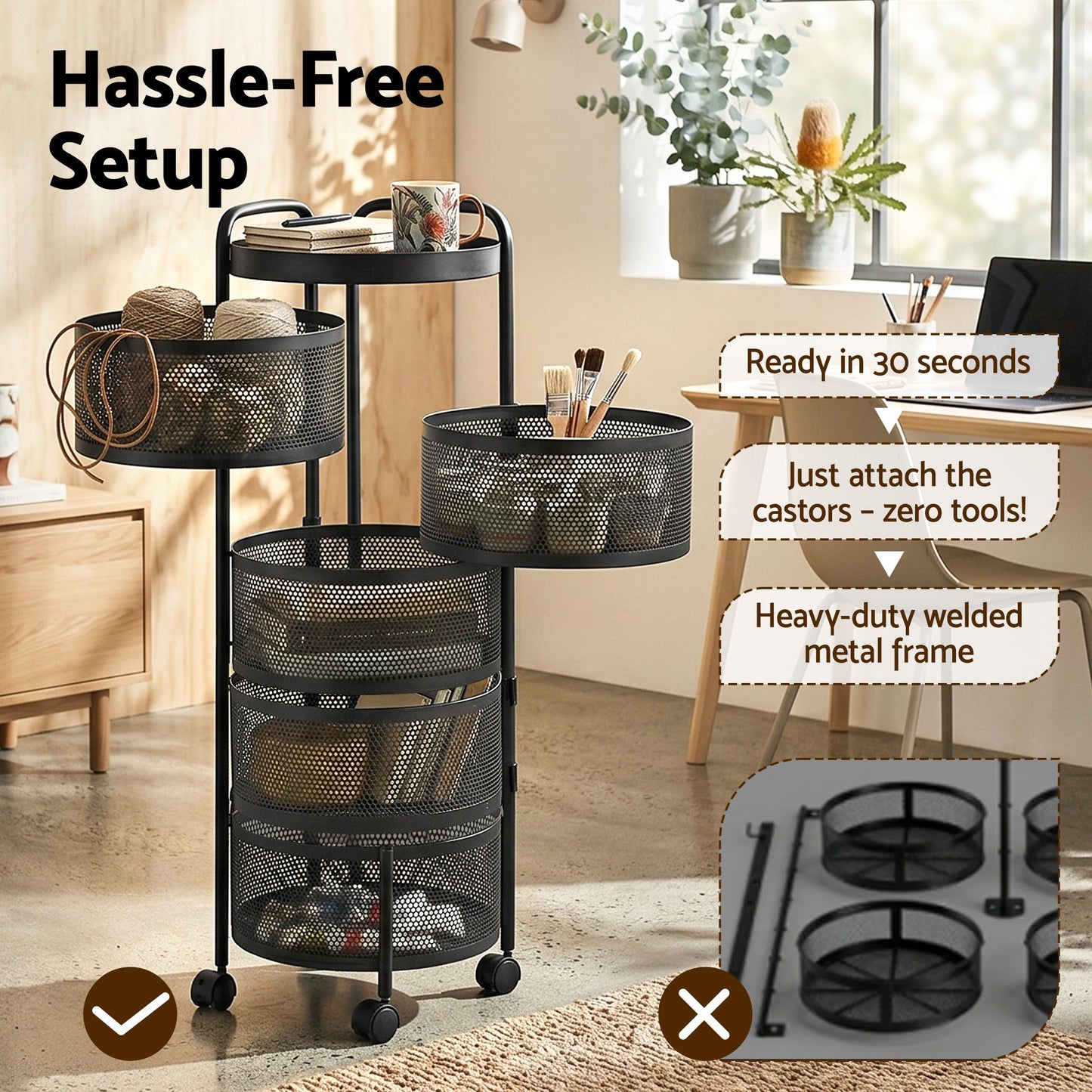 Artiss Storage Trolley Kitchen Cart 5 Tiers Storage Rack Round Basket Black